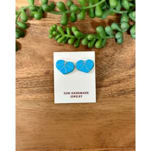 Karen Lalio Turquoise & Sterling <b>Silver</b> Inlay Heart <b>Stud</b> Earrings with Diamond and Pearl Religious Style Number Pattern - Product Image 1