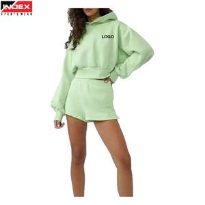 Ensemble de survêtement 2 pièces pour femmes, sweat à capuche et short en coton avec fermeture éclair, impression en relief - Product Image 1