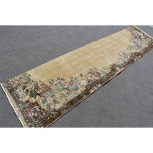 Alfombra de lana turca Vintage, área de 240x980 pies, diseño de retazos clásico Beige marrón, látex Rectangular hecho a mano para pasillo para dormitorio - Product Image 2