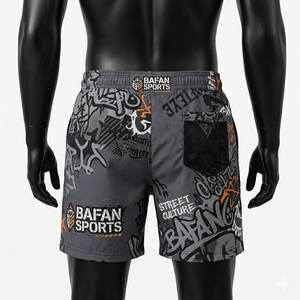 Shorts de baño para hombre, suaves, de microfibra de poliéster, de secado rápido, con estampado gris, negro y naranja, sublimación, logotipo personalizado, estilo con bolsillo. - Product Image 6