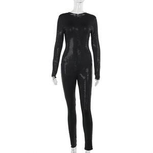 Barboteuses pleine longueur nouvel été vente entière imprimer <span class=keywords><strong>body</strong></span> femmes Sexy BodyCon <span class=keywords><strong>paillettes</strong></span> à manches longues noir combinaison - Product Image 4