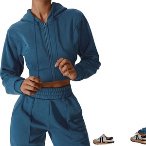 Femmes hiver Fitness jambe droite survêtement pantalon ensemble fermeture éclair complète haut court polaire à capuche taille élastique pantalons de survêtement avant plat - Product Image 2