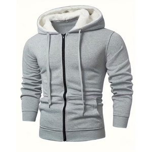 เสื้อฮู้ดผ้าเฟรนช์เทอร์รี่ลำลองพร้อมซับในขนนุ่ม บล็อกสีทึบ เสื้อสวมหัวแขนยาวพร้อมเชือกผูกและซิป - Product Image 6