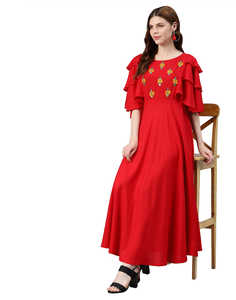 Vestido Étnico Anarkali Bordado de Rayón para Mujer, Largo hasta la Pantorrilla, Cuello Redondo, Manga Media Acampanada, Ropa Tradicional para Ocasiones Especiales, Color Rojo - Product Image 5