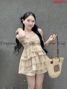 Conjunto diseñado con camisa en capas de encaje rosa en el medio del pecho cuello Halter y pantalones cortos súper bonitos para niñas ropa de calle 2024 - Product Image 4