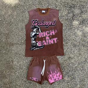 Ropa de calle de verano Vintage personalizada para hombre, conjunto de pantalones cortos de chaleco en escabeche de algodón 100%, tejido de punto transpirable estampado - Product Image 3