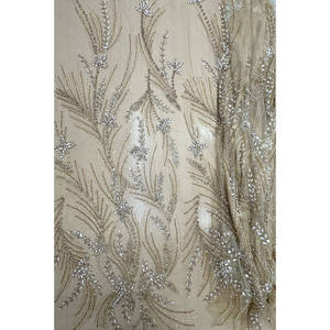 Luxury 100% Polyester Champagne Crystal Leaf Embroidered Woven Lace Fabric Breathable Lightweight Sheer with Free Sample - Product Image 3