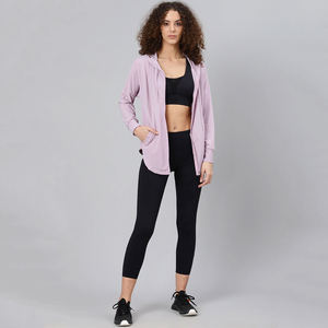 เสื้อฮู้ดมีซิปสำหรับผู้หญิงปลอกคอมีฮู้ดน้ำหนักเบาสีชมพูยาวเต็มรูปแบบสีพื้น - Product Image 2