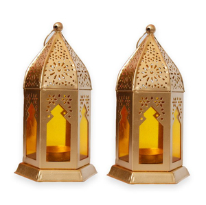 Juego de 2 Faroles Marroquíes de Metal Dorado/Vidrio de Diseño Atractivo para Decoración del Hogar, Jardín, Pascua, Faroles Colgantes - Product Image 1