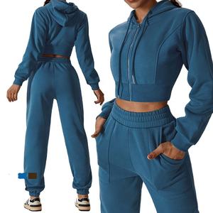 Femmes hiver Fitness jambe droite survêtement pantalon ensemble fermeture éclair complète haut court polaire à capuche taille élastique pantalons de survêtement avant plat - Product Image 1