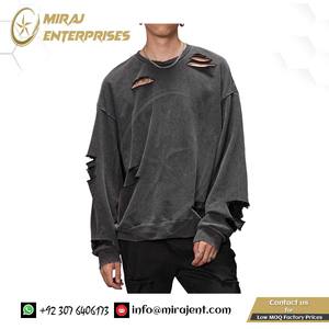 Sweatshirts délavés à l'acide pour hommes pull déchiré surdimensionné col rond thermique épaule tombante sweat-shirt vintage Street Wear - Product Image 2