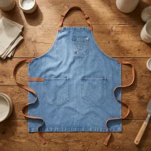 Tablier classique en jean sans manches avec bretelles en cuir et trois poches, écologique pour la cuisine et l'usage quotidien, lavable en machine - Product Image 1
