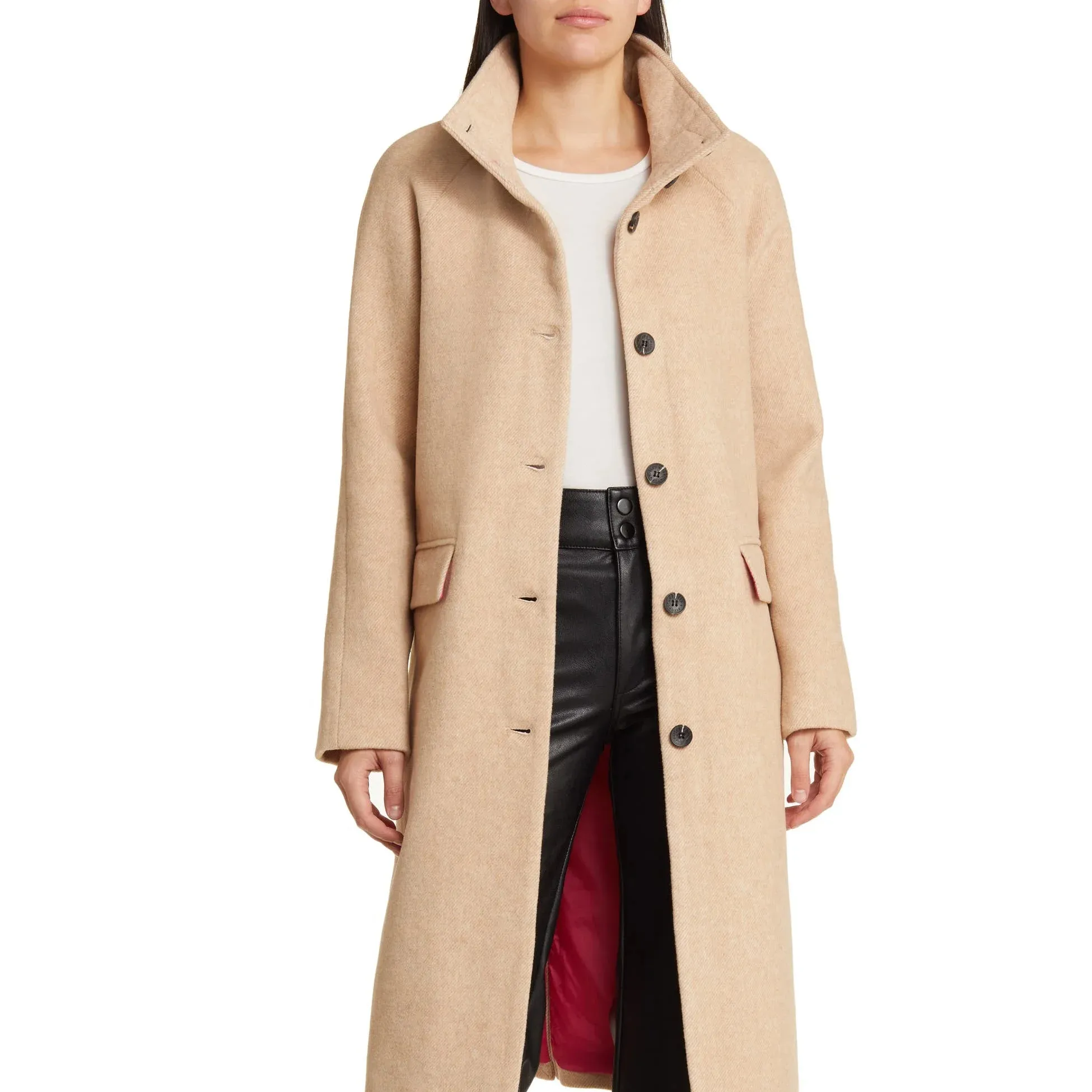 Женское двубортное длинное пальто с лацканами