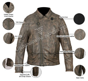 Veste de moto pour hommes de Style traditionnel en cuir de vachette véritable avant poitrine et poches latérales fermeture à glissière à l'intérieur doublure en coton - Product Image 3