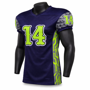เสื้อฟุตบอลอเมริกันแบบกำหนดเองสำหรับผู้ชาย เสื้อตาข่ายระบายอากาศพร้อมหมายเลขสีนีออน แขนเสื้อลายพราง ชุดทีม OEM เสื้อฟุตบอลแบบซับลิเมชั่น - Product Image 4