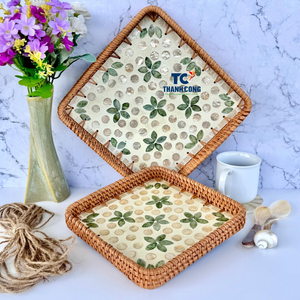 Plateaux d'incrustation de nacre directe d'usine en gros du Vietnam avec bord en rotin pour les acheteurs internationaux - Product Image 2