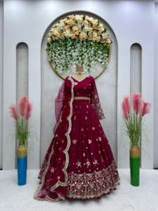 Colección de Bodas de tendencia Foux Georgette Lehenga Choli con Dupatta con encaje de cuatro lados Broder disponible a precio mayorista - Product Image 3