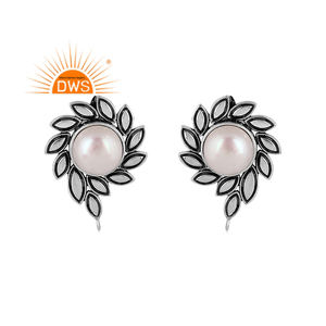 <b>Top</b> Selling Oxidized Sterling <b>Silver</b> Natural Pearl Floral Design Stud Earring Custom Jewelry For Women Gift For Her - Product Image 1