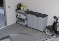 Meubles de rangement modernes de marque italienne Mongardi, modulaires, multifonctionnels, à double niveau, durables, imperméables, en PVC gris, pour garage