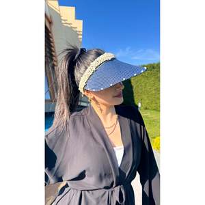 <b>Navy</b> Blue Pearl Detailed Stylish Straw Visor Hat Oval Design Summer <b>Accessory</b> HSR2086 - laci2086 - Product Image 2