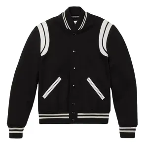Men's <b>Black</b> Varsity <b>Jacket</b> Wool Polyester Stand Collar Button Front Preppy Style Regular Fit Autumn Wear - Product Image 1