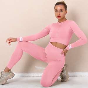 Women's Casual Embroidered Sexy Workout Joggers & Legging Track Suit Set with Zipper Seamless <b>Long</b> <b>Sleeve</b> <b>Crop</b> <b>Top</b> - Product Image 4