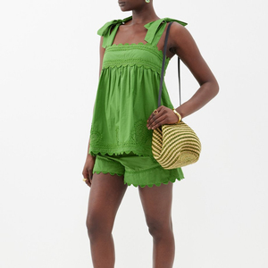 Vestido Casual de Verano para Mujer, Estilo Boho, Verde, de Algodón, con Cuello Cruzado y Lazos, Sin Mangas, con Volantes en el Bajo, Corte Holgado - Product Image 1