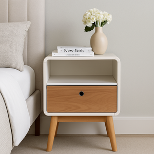 Table de chevet moderne en MDF éco-responsable et durable, placage frêne, accents blancs en bois d'hévéa, couleur naturelle, mobilier de chambre pour hôtel et appartement - Product Image 1