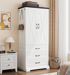 Armoire de chambre à coucher en bois avec lumière à capteur et 3 tiroirs, armoire avec 2 portes et tringle de suspension - Product Image 2