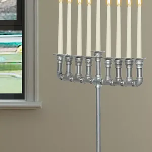 Hanukkah menorah ท่อโลหะชุบสังกะสีแบบโบราณเชิงเทียนสำหรับตกแต่งบ้าน - Product Image 3