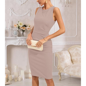 Élégant coton respirant 2025 femmes Sexy col en V sans manches Faux Wrap froncé gaine moulante Cocktail fête travail robe - Product Image 4