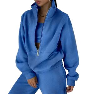 Top de mujer de dos piezas de media cremallera de cuello alto polar pantalones de chándal informales sueltos logotipo personalizado sudadera de mujer - Product Image 1