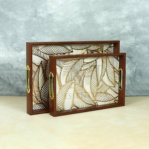 Best Quality Custom Walnut Wood Coffee Refreshment Wooden Serving Tray Set With Metal Handles with <b>Enamel</b> Printed Serving Tray - Product Image 1