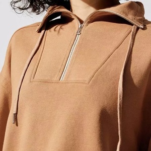Sudaderas con capucha recortadas para mujer con cremallera 1/4 y cuello con cordón y logotipo personalizado de alta calidad sin capucha - Product Image 4