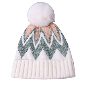 Winter Women's Custom <b>Wool</b> Ski Cap Mixed Color Knitted Stripe Pattern Faux Fur Pompon Cute Cuff <b>Beanie</b> for Performance Cycling - Product Image 2