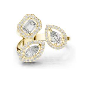 Bague à trois pierres en diamant de laboratoire 0,92 CT pour femme, clarté VVS-VS EF, taille émeraude, poire et ovale avec sertissage halo, 18 carats, 14 carats - Product Image 2