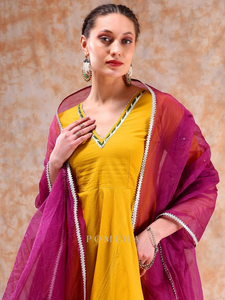 DIL KASH-Robe décontractée en coton jaune, violet, demi-manches, ajustée et évasée, robe Sharara pour femme - Product Image 6