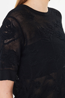 Blusa de punto con encaje y estampado de rosas para mujer - Top suave de manga corta con cuello redondo y botón trasero - Prenda de punto floral de verano