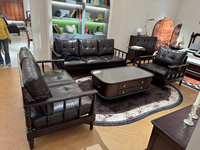 Ensemble de canapés en cuir et bois massif de style américain du milieu du siècle, meubles de salon rétro vintage GBD01