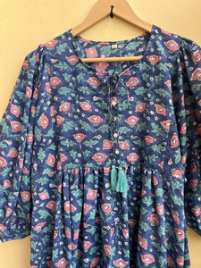 Bohème Floral Coton Maxi Robe Main Bloc Imprimé Indien Ethnique Casual Wear Techniques Brodées Gland Bouton 100% Coton - Product Image 3