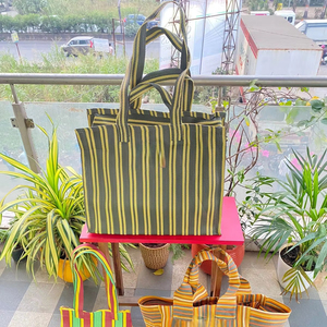 Bolsas de plástico recicladas ecológicas PP de nylon tejido a rayas, bolsas reutilizables de compras hechas en India - Product Image 1