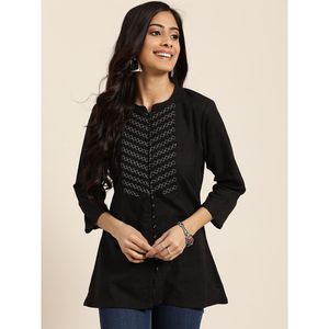 เสื้อท็อปผ้าฝ้ายสีดำพิมพ์ลายชาติพันธุ์ - Product Image 1