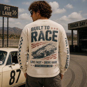Camiseta de manga larga de punto gofrado extragrande con estampado de letras retro personalizado para aficionados a las carreras, estilo urbano, para eventos de motociclismo - Product Image 3