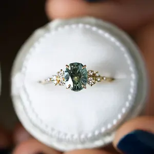 VVS cincin pernikahan berlian safir potongan Oval hijau cerah, hadiah cincin pertunangan emas kuning 14K untuk hadiah cincin pengantin wanita
