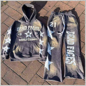 Hot Sale 2025 Lightweight Breathable 100% Cotton Winter Streetwear Distressed Print <b>Hoodie</b> & Sweatpants 2-Piece Set Tracksuit - Product Image 4