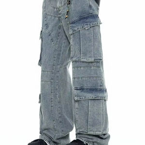 Pantalones Vaqueros Vintage para Hombre con Detalle de Botones - Corte Regular Lavado para Todas las Estaciones (Primavera, Verano, Otoño, Invierno) - Product Image 1