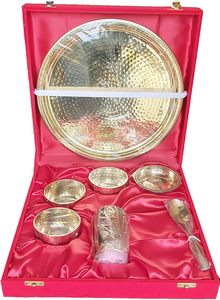 Juego de cena de latón martillado de 7 piezas con cuenco Thali duradero, plato de vidrio, cuchara para el hogar, restaurante, Hotel, incluye embalaje de regalo - Product Image 2