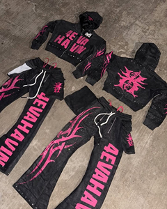 Survêtement Jogger Décontracté Personnalisé OEM pour l'Hiver, Imprimé, Délavé à l'Acide, avec Strass, Coupe Courte, Effet Vieilli, Broderie et Patch, Sweat à Capuche Évasé - Product Image 5