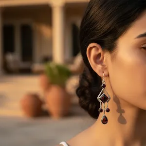Boucles d'oreilles pendantes géométriques vintage en grenat, en argent 925, pour femme, à porter au quotidien, serti clos, du Rajasthan - Product Image 1