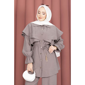 Ensemble pantalon et tunique boutonnée style cape décontracté pour femme, coupe ample en tissu crêpe, couleur pierre foncée, idéal pour le bureau, printemps/été/automne - Product Image 2